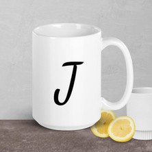 Bexdore J Monogramı - 15 Oz. - Beyaz Parlak Kupa - İngilizce Kahve Kupa