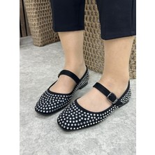 Nstil Günlük Kadın Babet Ayarlanabilir Tokalı Tek Bant Kısa Topuk Küt Burun Taşlı Ayakkabı 287