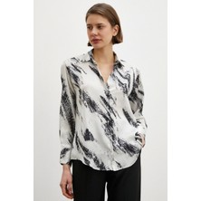 Never More  V Yaka Baskılı Saten Gömlek Ekru