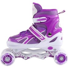 Furkan Toys 4 F-Sports Mor Ayarlabilir 2+2 Işıklı Metal Alıştırma Pateni Çanta Hediyeli Çocuk Pateni Tek Sıra M