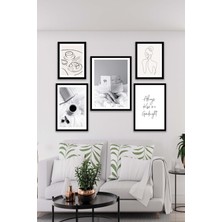 No 77 Decor Ahşap Kahve Kitap Line Art Temalı Tablo Seti Soyut 5 Parça Çok Renkli