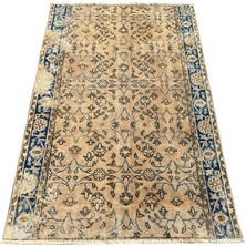 Burak Halı El Dokuma 115X175 Eskitme Vıntage Dekoratif %100 Yün Mavi Krem