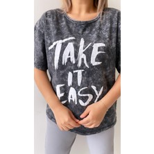 Seda Fidan Butik Yıkamalı Take Is Easy Tişört Antrasit