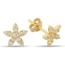 ÇGK KUYUMCULUK Çiçek Yaprağı Taşlı Çivili Altın Küpe CGKKP039