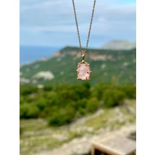 Gökçeada Doğaltaş Kafes Pembe Kuvars Taşı Kolye ZİNCİRSİZ