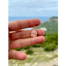 Gökçeada Doğaltaş Kafes Pembe Kuvars Taşı Kolye ZİNCİRSİZ
