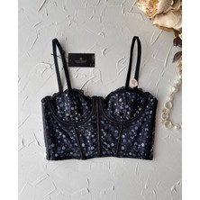 Intive Lingerie Luna Siyah Lacivert Balenli Çiçek Desenli Korse Sütyen/büstiyer