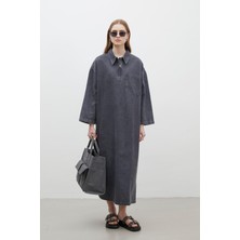 Manuka Yaka Detaylı Denim Elbise Antrasit