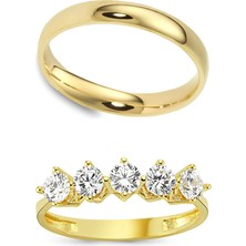 Gold Renk 4mm Gümüş Alyans ve Hafif Gümüş Beştaş Yüzük Seti WSR124