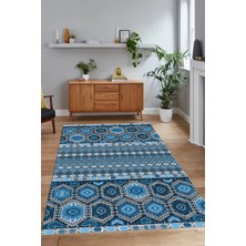 Napoli Home Dijital Baskılı Kaymaz Taban Yıkanabilir Etnik Yolluk Mutfak Salon Halısı, N-Etnik-13-Mavi,