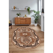 Napoli Home Dijital Baskılı Kaymaz Yıkanabilir Etnik Oval Yolluk Mutfak Salon Halısı, N-O-Etnik-10-Kahve,