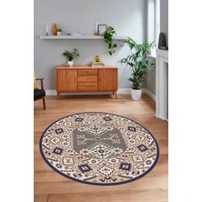 Napoli Home Dijital Baskılı Kaymaz Yıkanabilir Etnik Desen Yuvarlak Mutfak Salon Halısı, N-Y-Etnik-08-Lacevert,