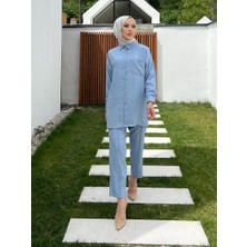 Mavi Cepli Tunik Pantolon Takım