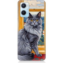 Teknomeg Oppo A96 Uyumlu Kül Rengi Tüylü Kedi Desenli Silikon Kılıf