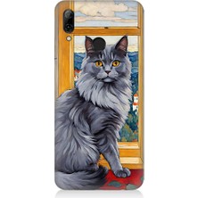 Teknomeg Huawei P Smart 2019 Uyumlu Kül Rengi Tüylü Kedi Desenli Silikon Kılıf