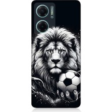 Teknomeg Xiaomi Redmi Note 11E Uyumlu Siyah Beyaz Aslan ve Futbol Topu Desenli Silikon Kılıf