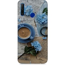Teknomeg Huawei Honor 20 Lite Uyumlu Mavi Çiçekler ve Mektuplar Desenli Silikon Kılıf