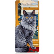 Teknomeg Xiaomi Mi Note 10 Uyumlu Kül Rengi Tüylü Kedi Desenli Silikon Kılıf