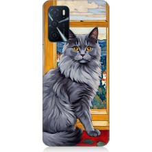 Teknomeg Oppo A16 Uyumlu Kül Rengi Tüylü Kedi Desenli Silikon Kılıf
