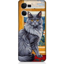 Teknomeg Oppo Reno 7 Uyumlu Kül Rengi Tüylü Kedi Desenli Silikon Kılıf
