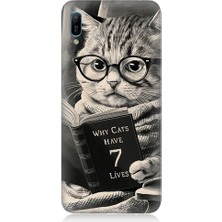 Teknomeg Huawei Y6 2019 Uyumlu Kitap Okuyan Kedi Desenli Silikon Kılıf