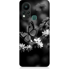 Teknomeg Infinix Hot 11S Uyumlu Siyah Beyaz Kelebek ve Çiçek Desenli Silikon Kılıf