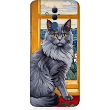 Teknomeg Huawei Mate 20 Lite Uyumlu Kül Rengi Tüylü Kedi Desenli Silikon Kılıf