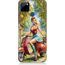 Teknomeg Realme C12 Uyumlu Güzel Kadın ve Vespa Motosiklet Desenli Silikon Kılıf