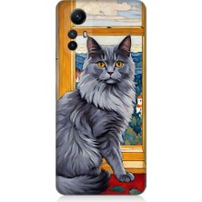 Teknomeg Xiaomi Redmi Note 12S Uyumlu Kül Rengi Tüylü Kedi Desenli Silikon Kılıf
