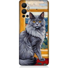 Teknomeg Infinix Hot 12 Uyumlu Kül Rengi Tüylü Kedi Desenli Silikon Kılıf
