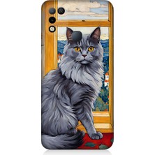 Teknomeg Infinix Hot 11 Play Uyumlu Kül Rengi Tüylü Kedi Desenli Silikon Kılıf