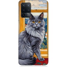 Teknomeg Oppo Reno 5 Lite Uyumlu Kül Rengi Tüylü Kedi Desenli Silikon Kılıf
