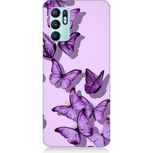 Teknomeg Oppo Reno 6 Uyumlu Mor Kelebekler Desenli Silikon Kılıf