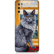 Teknomeg Xiaomi Redmi Note 10 5g Uyumlu Kül Rengi Tüylü Kedi Desenli Silikon Kılıf