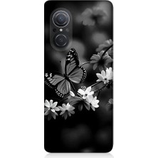 Teknomeg Huawei Nova 9 Se Uyumlu Siyah Beyaz Kelebek ve Çiçek Desenli Silikon Kılıf