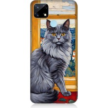 Teknomeg Realme C17 Uyumlu Kül Rengi Tüylü Kedi Desenli Silikon Kılıf