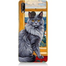 Teknomeg Huawei P20 Lite Uyumlu Kül Rengi Tüylü Kedi Desenli Silikon Kılıf