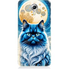 Teknomeg General Mobile Discovery 4g Uyumlu Asil Mavi Kedi ve Ay Desenli Silikon Kılıf