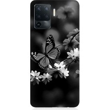 Teknomeg Oppo Reno 5 Lite Uyumlu Siyah Beyaz Kelebek ve Çiçek Desenli Silikon Kılıf