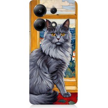 Teknomeg Xiaomi Redmi Note 13 Uyumlu Kül Rengi Tüylü Kedi Desenli Silikon Kılıf