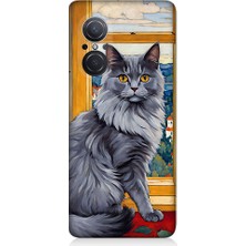 Teknomeg Huawei Nova 9 Se Uyumlu Kül Rengi Tüylü Kedi Desenli Silikon Kılıf