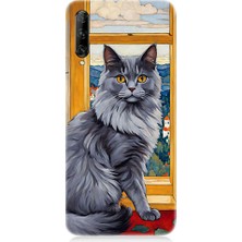 Teknomeg Huawei P Smart Pro Uyumlu Kül Rengi Tüylü Kedi Desenli Silikon Kılıf