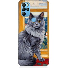Teknomeg General Mobile GM21 Pro Uyumlu Kül Rengi Tüylü Kedi Desenli Silikon Kılıf