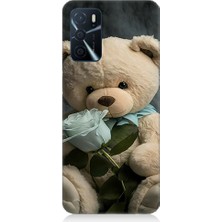 Teknomeg Oppo A55 Uyumlu Peluş Ayı ve Gül Desenli Silikon Kılıf