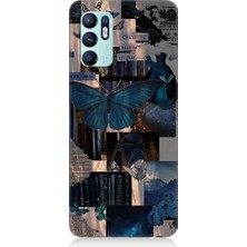 Teknomeg Oppo Reno 6 Uyumlu Mavi Kelebekler ve Gazete Desenli Silikon Kılıf