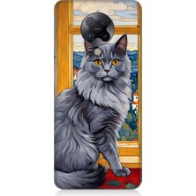 Teknomeg Xiaomi Poco F2 Pro Uyumlu Kül Rengi Tüylü Kedi Desenli Silikon Kılıf