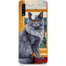 Teknomeg Oppo A31 Uyumlu Kül Rengi Tüylü Kedi Desenli Silikon Kılıf