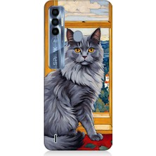 Teknomeg Tecno Spark 7 Pro Uyumlu Kül Rengi Tüylü Kedi Desenli Silikon Kılıf