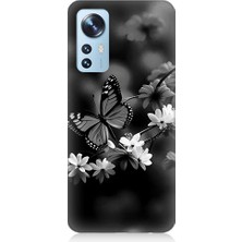 Teknomeg Xiaomi 12 Uyumlu Siyah Beyaz Kelebek ve Çiçek Desenli Silikon Kılıf