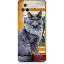 Teknomeg Xiaomi Poco F4 Uyumlu Kül Rengi Tüylü Kedi Desenli Silikon Kılıf